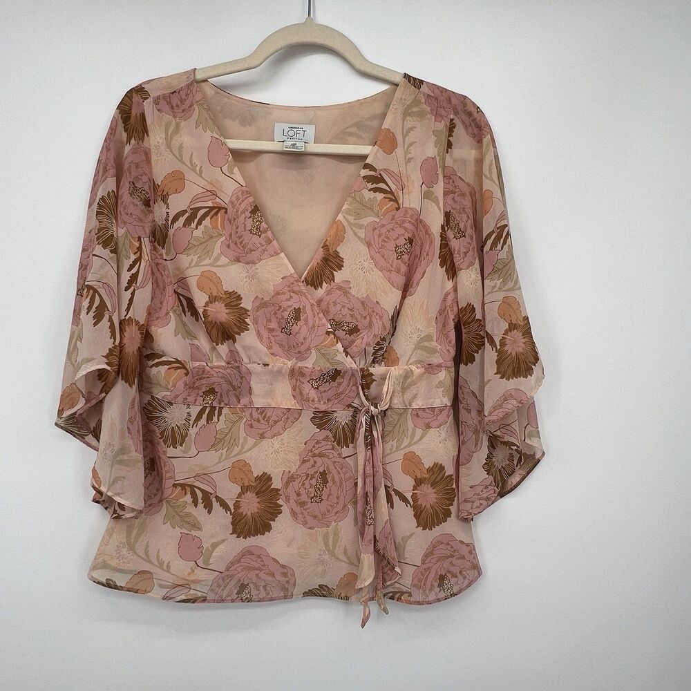 Ann Taylor LOFT Y2K 90s Bell Sheer Sleeve Top Sz 10P Floral Babydoll Fairy Wimsy